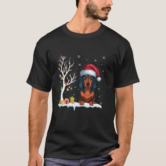 T-shirt Dachshund Chien Santa Hat Festive Tree Light Chris (Devant)