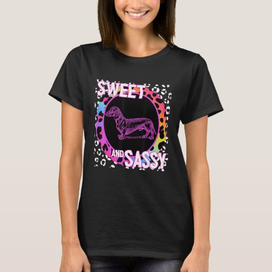 T-shirt Dachshund Dog 90s Nostalgia Rainbow Leopard Print  (Devant)