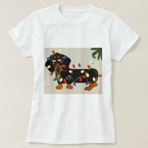 T-shirt Dachshund emmêlé dans les lumières de Noël Noir/Fa