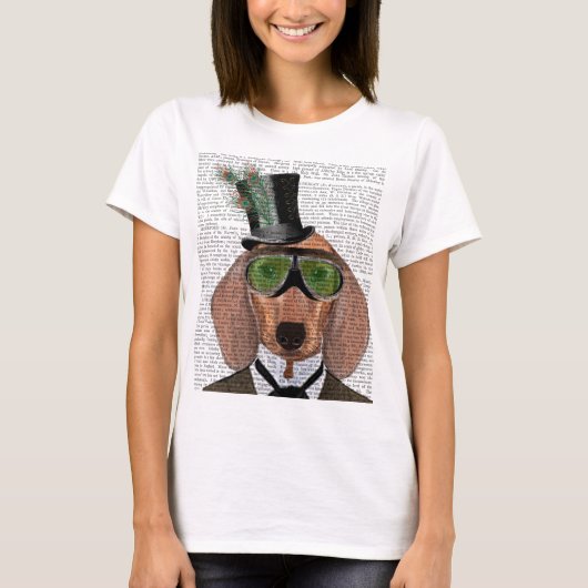 T-shirt Dachshund Green Gogges Top Hat (Devant)