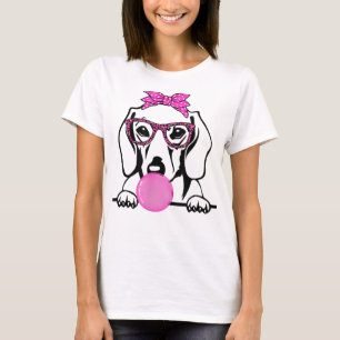 T-shirt Dachshund Maman avec bulle gomme lunettes bandana 