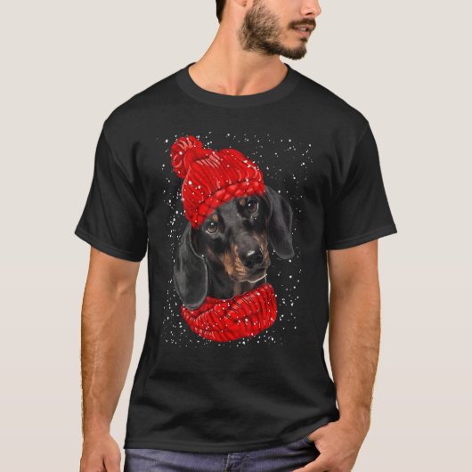 T-shirt Dachshund Red Winter Casquette Christmas Scarf Dog (Devant)