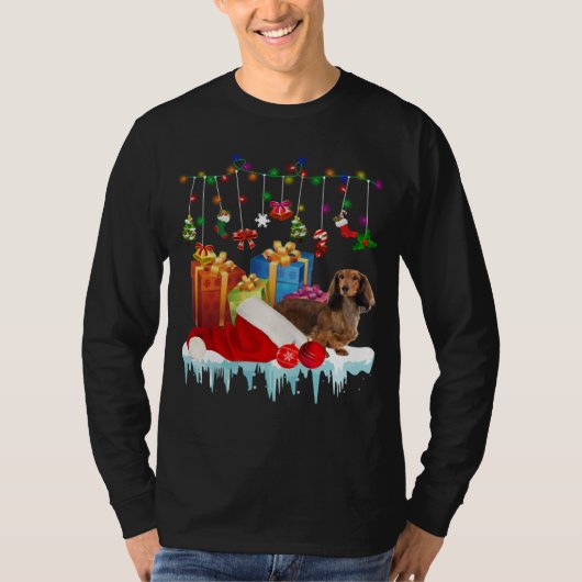T-shirt Dachshund Santa Hat Christmas Lights Box (Devant)