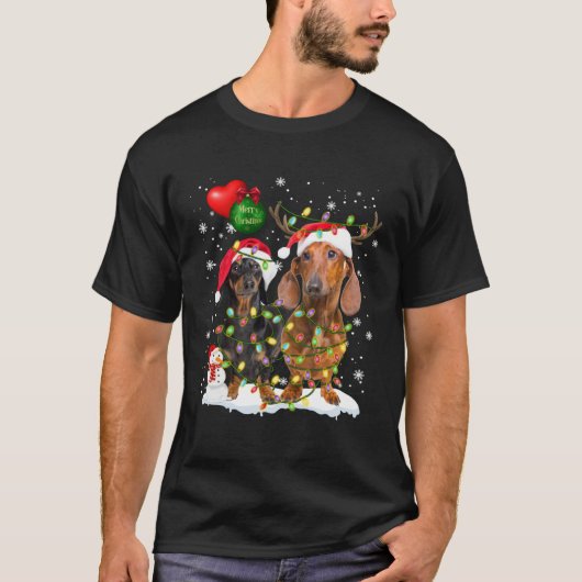 T-shirt Dachshund  Santa Light Reindeer Hat in Snow Christ (Devant)