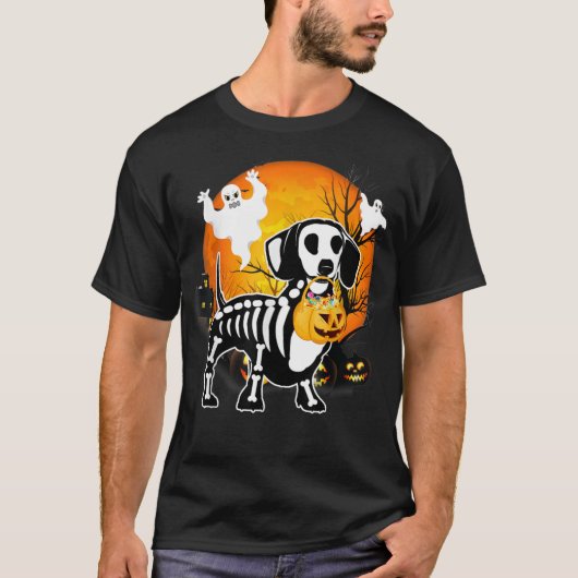 T-shirt Dachshund Skeleton Halloween Citrouille heureux (Devant)