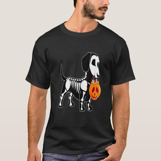 T-shirt Dachshund Skeleton Jack-o'-lantern Halloween (Devant)