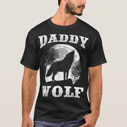 T-shirt Daddy Wolf Moon Silhouette Design (Devant)