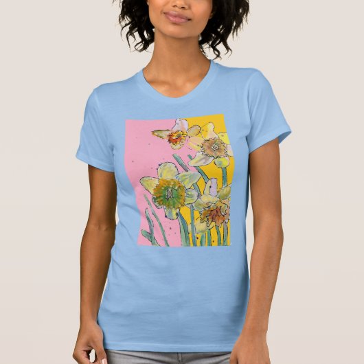 T-shirt Daffodil Fleurs Bleues Jaunes Aquarelle (Devant)