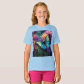 T-shirt Dahlias Et Papillon Vert Bleu Iridescente (Devant entier)
