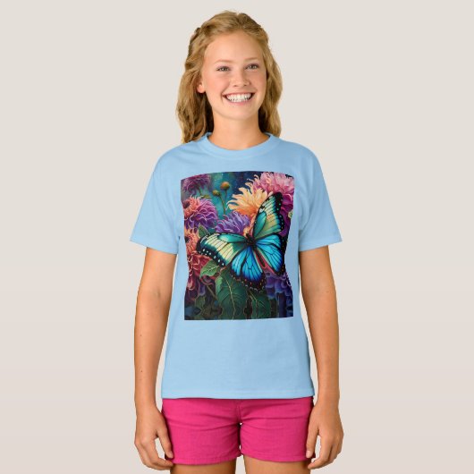 T-shirt Dahlias Et Papillon Vert Bleu Iridescente (Devant entier)