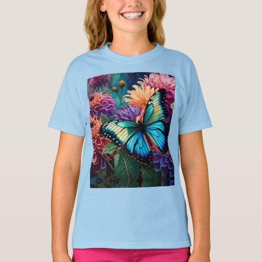 T-shirt Dahlias Et Papillon Vert Bleu Iridescente (Devant)
