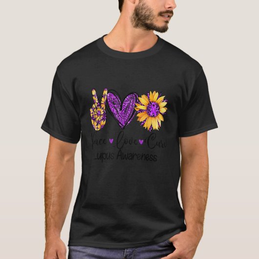 T-shirt Daisy Sunflower Peace Love Cure Purple Lupus Aware (Devant)