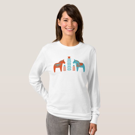 T-shirt Dala d'art populaire scandinave Chevaux et fleurs (Devant entier)