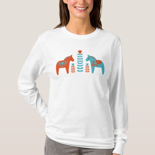 T-shirt Dala d'art populaire scandinave Chevaux et fleurs (Devant)