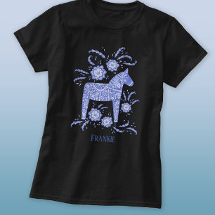 T-shirt Dala Suédoise Cheval Folk Art Bleu Nom Personnalis