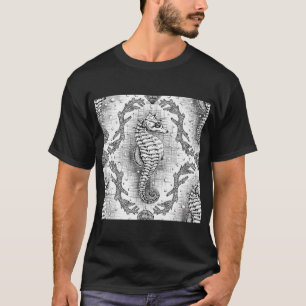 T-shirt Damassé Hippocampe Victorien Noir & Blanc Antique