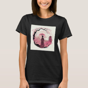 T-shirt Dame au parapluie Cerisier en fleurs Château japon