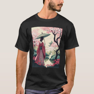 T-shirt Dame japonaise avec parapluie Pagoda cerise en fle