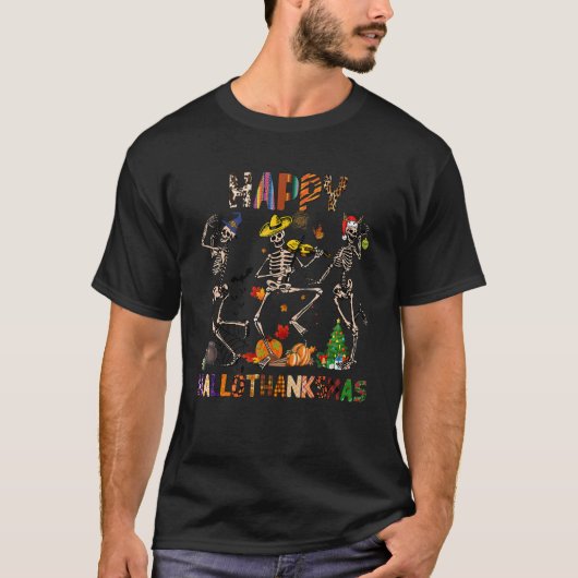 T-shirt Dancing Skeleton Happy Hallothanksmas (Devant)