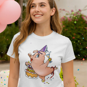 T-shirt Danse Anniversaire Cochon avec gâteau et cocktail