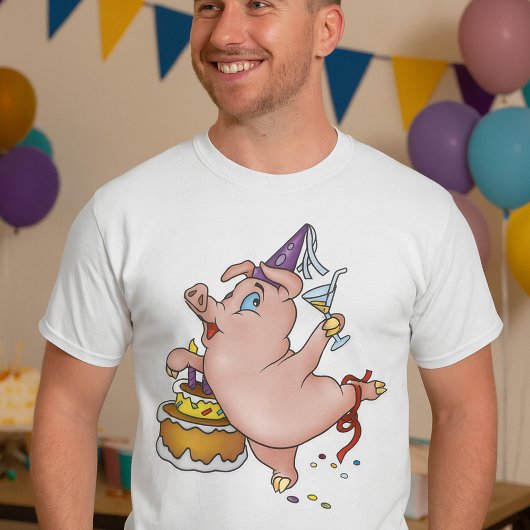 T-shirt Danse Anniversaire Cochon avec gâteau et cocktail