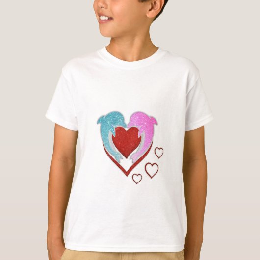 T-shirt Dauphins bleu rose mignons tenant un coeur rouge (Devant)