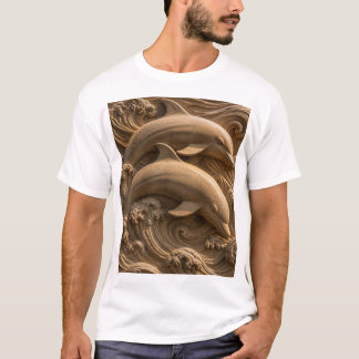 T-shirt Dauphins en bois sculpté Vagues océaniques Graphiq