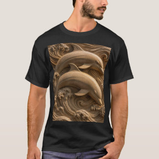 T-shirt Dauphins en bois sculpté Vagues océaniques Graphiq