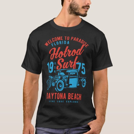 T-shirt Daytona Beach Florida Retro Hotrod Surf Distressed (Devant)