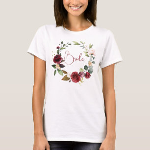 T-Shirt de mariage floral Bourgogne pour la mariée
