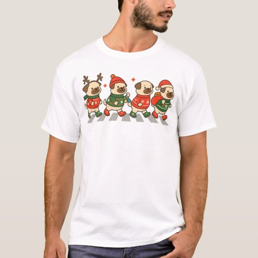 T-shirt De mignons pug de Noël traversant la rue en pulls (Devant)