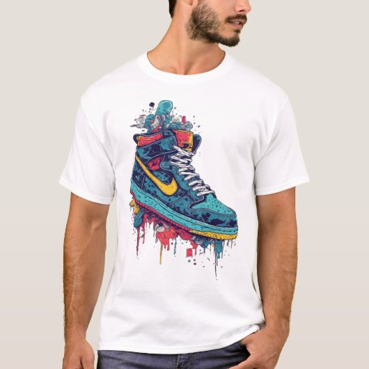 T-Shirt de mode urbaine avec graffiti de baskets e (Devant)