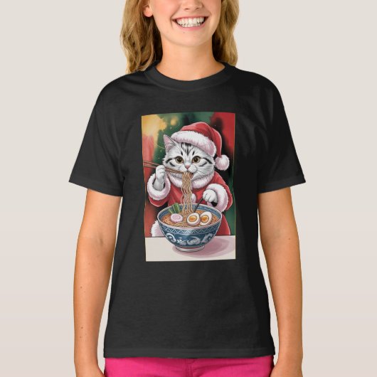 T-shirt de Noël Chat Mangeant des Ramen (Devant)