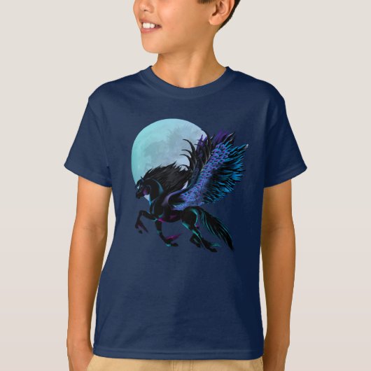 T-shirt de Pegasus noir et de lune bleue (Devant)