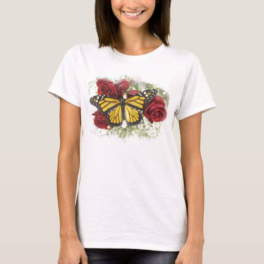 T-shirt de rose rouge de papillon de monarque (Devant)