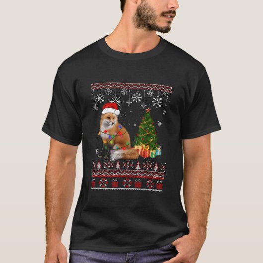T-shirt Décoration de renard d'arbre Santa Lumière Neige (Devant)