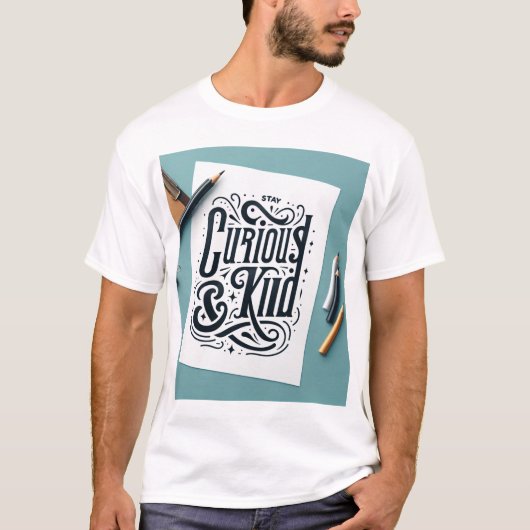 T-shirt Decorative Hand-Drawn Phrase: "Stay Curious and Ki (Devant)