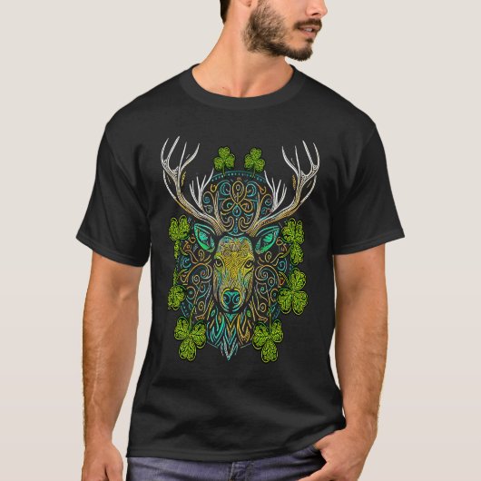 T-shirt Deer Face Head Mandala Irish Shamrock C St Patrick (Devant)