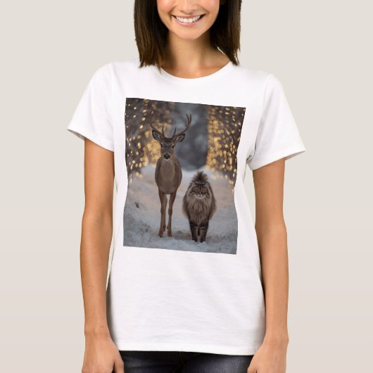 T-shirt Deer & Fluffy Cat in a Snowy Christmas Forest (Devant)