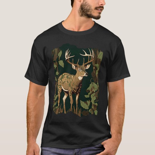 T-shirt Deer Hunting Green Brown Camo Camouflage Artwork (Devant)