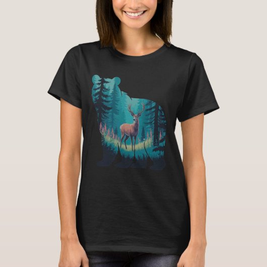 T-shirt Deer Inside Bear Silhouette Nature Wildlife Forest (Devant)