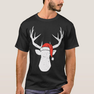 T-shirt Deer With Santa Hat Noël Chasse Cadeau