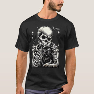 T-shirt Déguisement d'Halloween squelette tenant un chat C