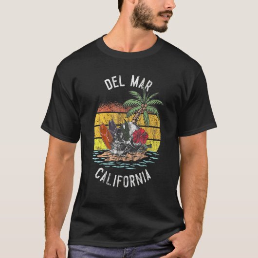 T-shirt Del Mar Beach California Palms Skull Surf Sunset V (Devant)