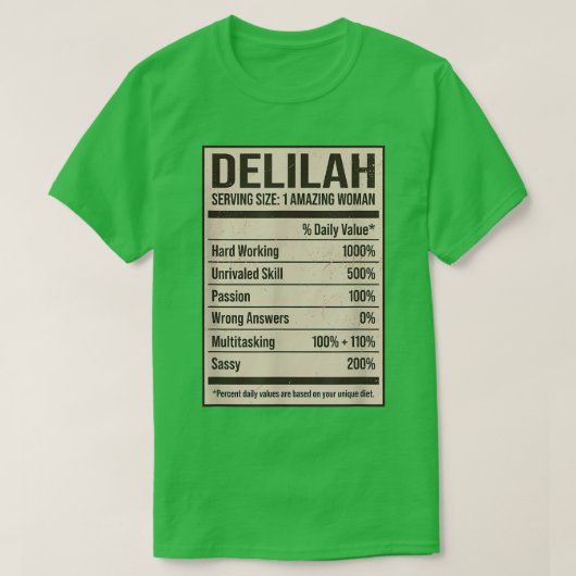 T-shirt Delilah Nutrition Facts Nom Nicks Alias Title (Design devant)