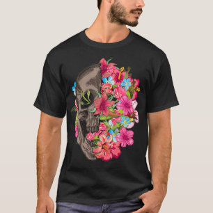 T-shirt Demi-Crâne avec fleurs Cool Halloween visage crâne