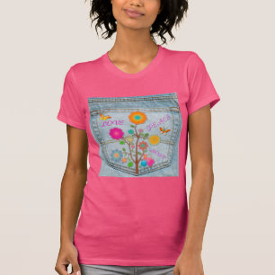 T-shirt Denim Back Fleurs de poche Paix Aimer Espoir
