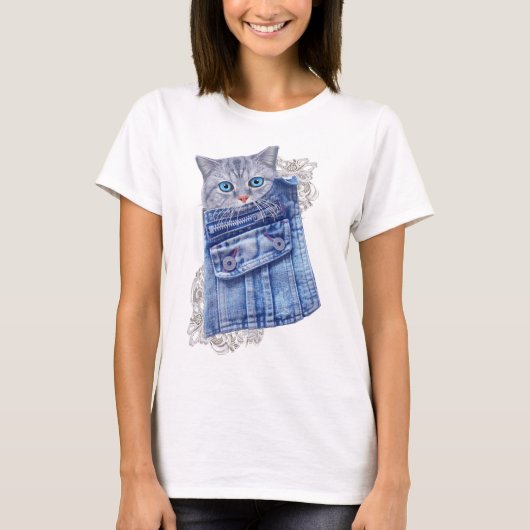 T-shirt Denim Jean poches, chatons et dentelle (Devant)