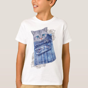 T-shirt Denim Jean poches, chatons et dentelle
