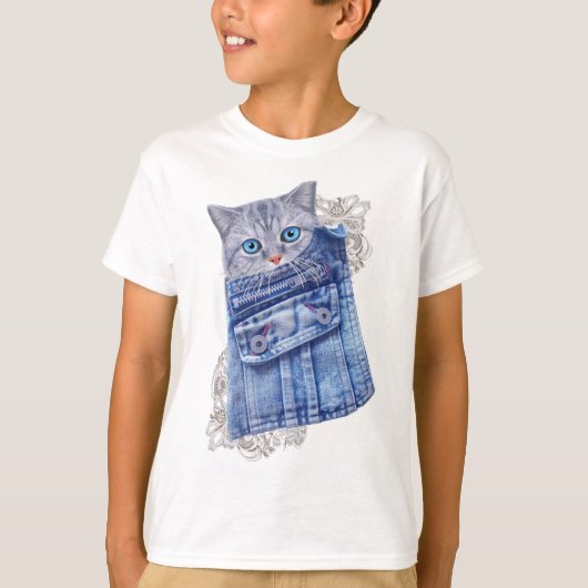 T-shirt Denim Jean poches, chatons et dentelle (Devant)